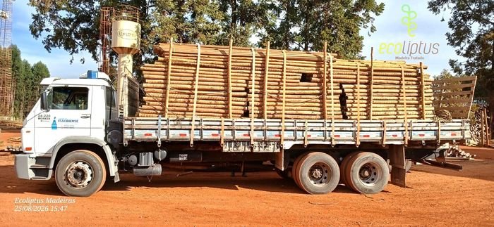 Carga fechada saindo da indústria que trata a madeira.